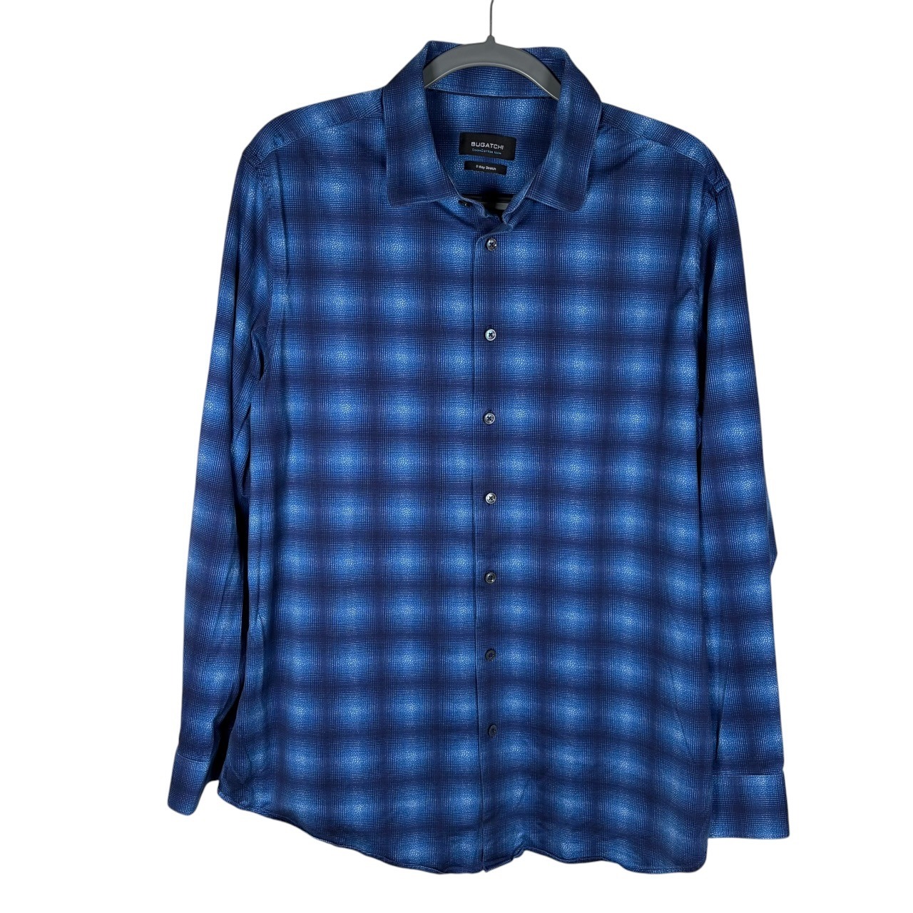 Bugatchi Ooocotton Tech Shirt Mens Xl Long Sleeve Button Up Blue Ombre Plaid